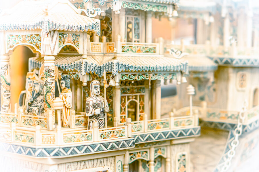 Detailed carved miniature palace with figures and ornate designs at Castle Antiques Haliburton Ontario.