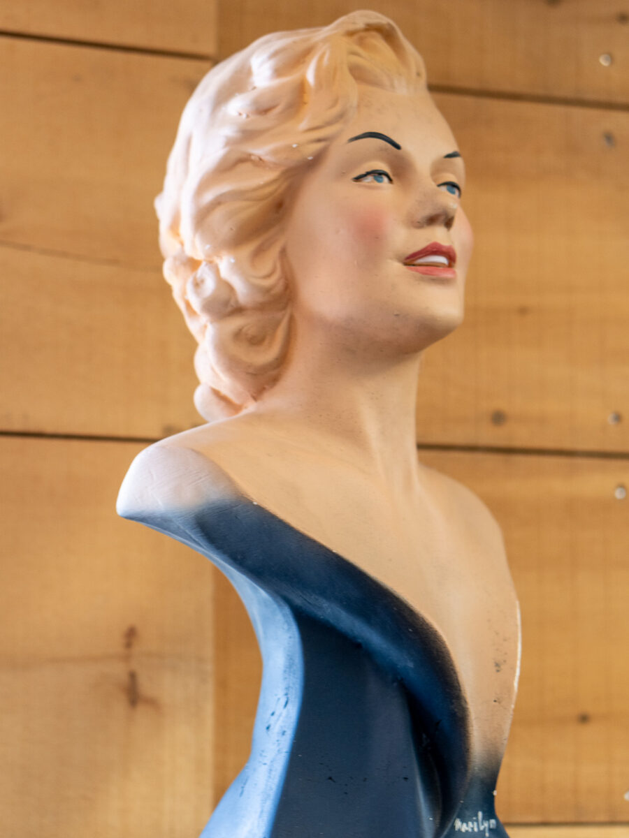 Painted plaster bust sculpture of Marilyn Monroe at Castle Antiques Haliburton Ontario.