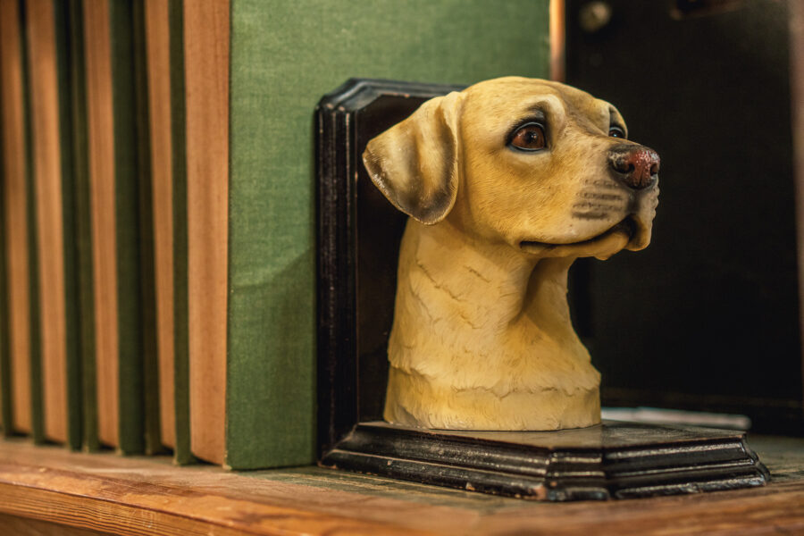 Unique vintage dog bust bookend beside old hardcover books at Castle Antiques Haliburton Ontario.