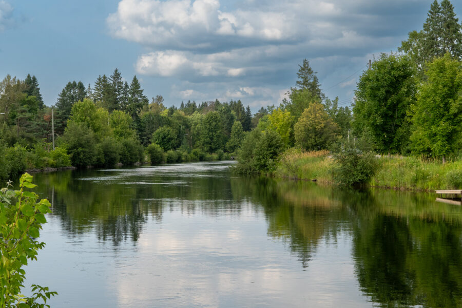 Calm river with lush green trees under a cloudy sky, Gull River, Minden Ontario