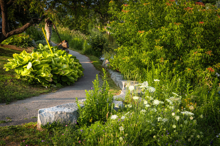 Scenic path along the Minden River Walk with lush greenery, Minden Ontario