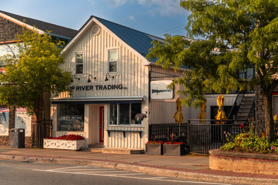 Up River Trading Co. storefront with outdoor seating area, Minden Ontario