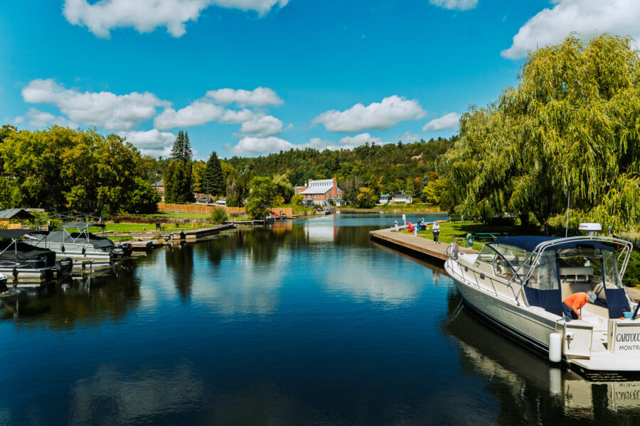 Scenic waterfront and boats docked on Rideau Lake in Westport Ontario